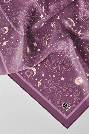 Twill Galaksi Desenli Lila Renkli 90x90 Eşarp (İpek İçermez) Dikim Şekli : El Dikişi
