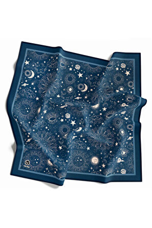 Twill Galaksi Desenli Lacivert Renkli 90x90 Eşarp (İpek İçermez) Dikim Şekli : El Dikişi