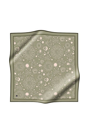 Twill Galaksi Desenli Haki Yeşili Renkli 90x90 Eşarp (İpek İçermez) Dikim Şekli : El Dikişi