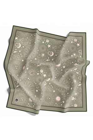Twill Galaksi Desenli Haki Yeşili Renkli 90x90 Eşarp (İpek İçermez) Dikim Şekli : El Dikişi