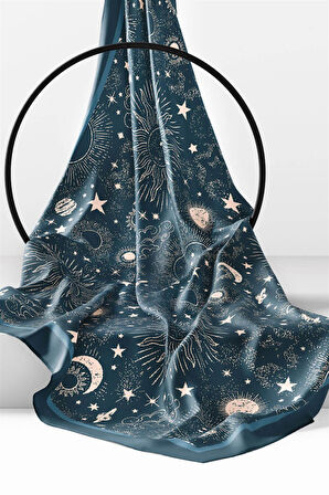 Twill Galaksi Desenli Petrol Yeşili Renkli 90x90 Eşarp (İpek İçermez) Dikim Şekli : El Dikişi