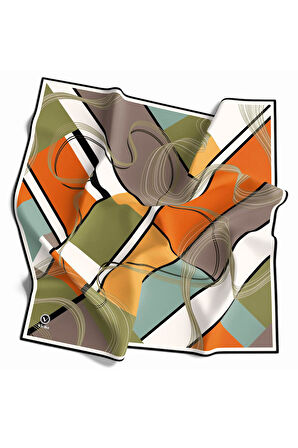 Twill Geometrik Desenli Turuncu - Haki Renkli 90x90 Eşarp (İpek İçermez) Dikim Şekli : El Dikişi