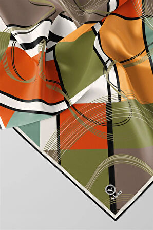 Twill Geometrik Desenli Turuncu - Haki Renkli 90x90 Eşarp (İpek İçermez) Dikim Şekli : El Dikişi