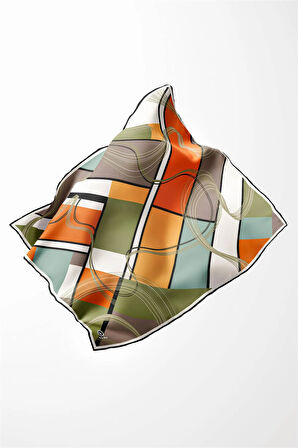 Twill Geometrik Desenli Turuncu - Haki Renkli 90x90 Eşarp (İpek İçermez) Dikim Şekli : El Dikişi