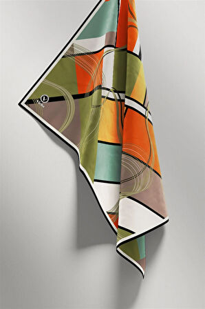 Twill Geometrik Desenli Turuncu - Haki Renkli 90x90 Eşarp (İpek İçermez) Dikim Şekli : El Dikişi