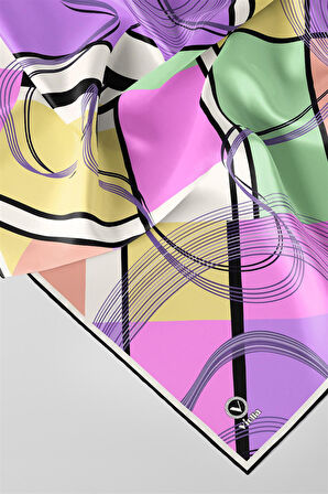 Twill Geometrik Desenli Lila - Limon Sarısı Renkli 90x90 Eşarp (İpek İçermez) Dikim Şekli : El Dikişi