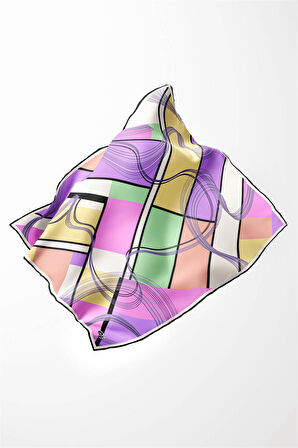 Twill Geometrik Desenli Lila - Limon Sarısı Renkli 90x90 Eşarp (İpek İçermez) Dikim Şekli : El Dikişi