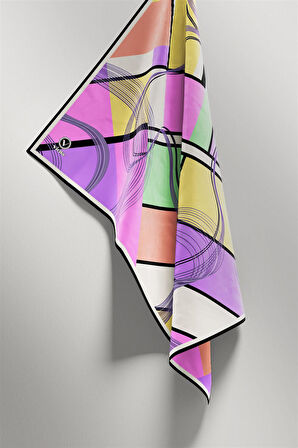 Twill Geometrik Desenli Lila - Limon Sarısı Renkli 90x90 Eşarp (İpek İçermez) Dikim Şekli : El Dikişi