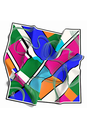 Twill Geometrik Desenli Fuşya - Saks Renkli 90x90 Eşarp (İpek İçermez) Dikim Şekli : El Dikişi