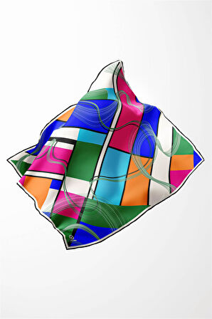 Twill Geometrik Desenli Fuşya - Saks Renkli 90x90 Eşarp (İpek İçermez) Dikim Şekli : El Dikişi