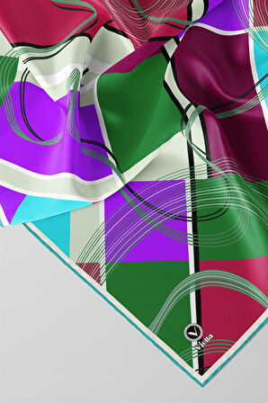 Twill Geometrik Desenli Mürdüm - Zümrüt Yeşili Renkli 90x90 Eşarp (İpek İçermez) Dikim Şekli : El Dikişi