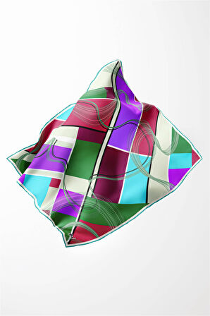 Twill Geometrik Desenli Mürdüm - Zümrüt Yeşili Renkli 90x90 Eşarp (İpek İçermez) Dikim Şekli : El Dikişi