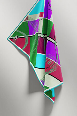 Twill Geometrik Desenli Mürdüm - Zümrüt Yeşili Renkli 90x90 Eşarp (İpek İçermez) Dikim Şekli : El Dikişi