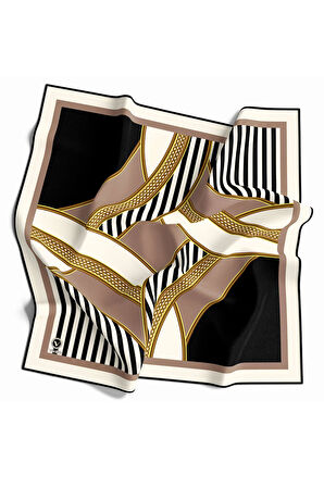 Twill Gold Detaylı Çizgili Geometrik Desenli Gül Kurusu Renkli 90x90 Eşarp (İpek İçermez) Dikim Şekli : El Dikişi