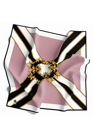 Twill Barok Desenli Pudra - Siyah Renkli 90x90 Dikim Şekli : El Dikişi Eşarp (İpek İçermez)