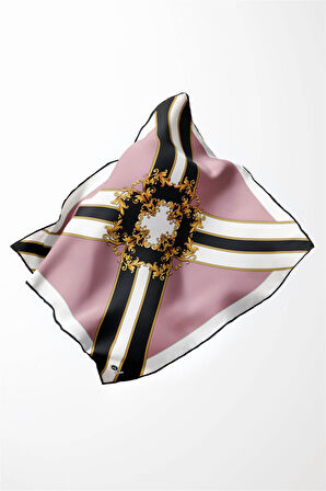 Twill Barok Desenli Pudra - Siyah Renkli 90x90 Dikim Şekli : El Dikişi Eşarp (İpek İçermez)