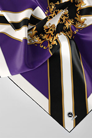 Twill Barok Desenli Mor - Siyah Renkli 90x90 Dikim Şekli : El Dikişi Eşarp (İpek İçermez)