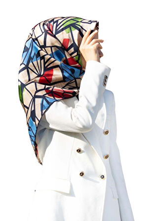 %100 Twill Renkli Petek Desenli Kırmızı - Saks Renkli 90x90 Eşarp Dikim Şekli: El Dikişii