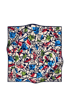 %100 Twill Renkli Petek Desenli Kırmızı - Saks Renkli 90x90 Eşarp Dikim Şekli: El Dikişii