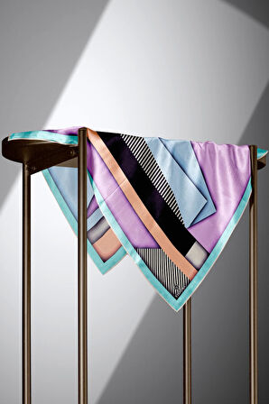 %100 Twill Renk Bloklu Çizgili Desenli Pudra - Bebe Mavisi Renkli 90x90 Eşarp Dikim Şekli: El Dikişii