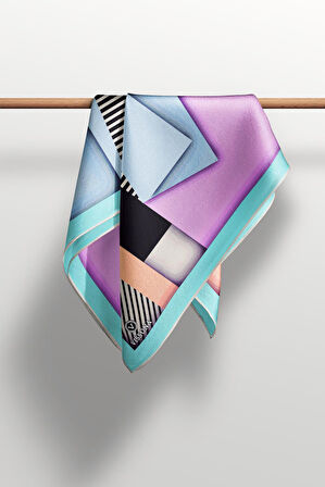 %100 Twill Renk Bloklu Çizgili Desenli Pudra - Bebe Mavisi Renkli 90x90 Eşarp Dikim Şekli: El Dikişii