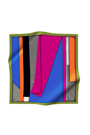 %100 Twill Renk Bloklu Çizgili Desenli Fuşya - Saks Renkli 90x90 Eşarp Dikim Şekli: El Dikişii