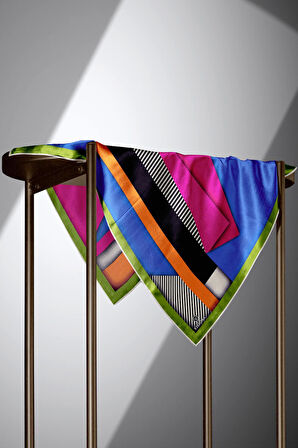 %100 Twill Renk Bloklu Çizgili Desenli Fuşya - Saks Renkli 90x90 Eşarp Dikim Şekli: El Dikişii