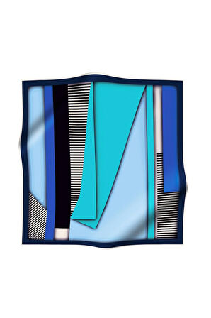 %100 Twill Renk Bloklu Çizgili Desenli Bebe Mavisi - Saks Renkli 90x90 Eşarp Dikim Şekli: El Dikişii
