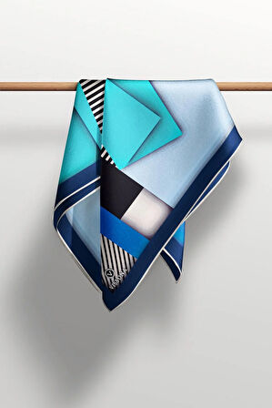 %100 Twill Renk Bloklu Çizgili Desenli Bebe Mavisi - Saks Renkli 90x90 Eşarp Dikim Şekli: El Dikişii