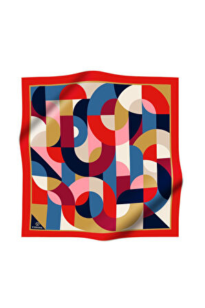 %100 Twill Renk Bloklu Çizgili Desenli Kırmızı - Lacivert Renkli 90x90 Eşarp Dikim Şekli: El Dikişii