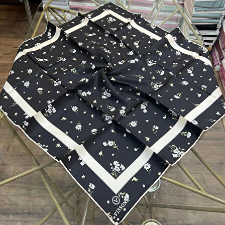 Vissona Twill İpek Eşarp Çiçek Desenli Siyah, Gri
