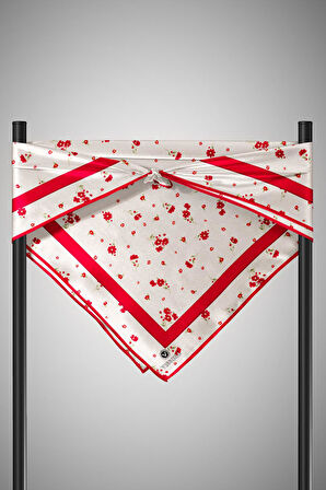 100% Twill İpek Bordürlü Çıtır Çiçek Desenli Kırmızı Renkli 90x90 Dikim Şekli : El Dikişi Eşarp