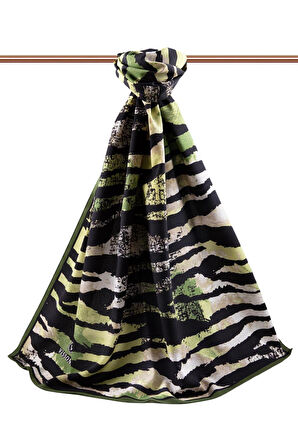 LÜKS MEDİNE İPEĞİ ZEBRA DESENLİ HAKİ - SİYAH RENKLİ 75X195 KIRIŞMAZ ŞAL MOSS KREP DİKİŞ TİPİ İTALYAN DİKİŞLİ