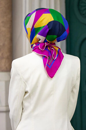 %100 Twill Renk Bloklu Çizgili Desenli Fuşya - Saks Renkli 90x90 Eşarp Dikim Şekli: El Dikişii