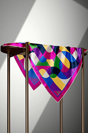 %100 Twill Renk Bloklu Çizgili Desenli Fuşya - Saks Renkli 90x90 Eşarp Dikim Şekli: El Dikişii