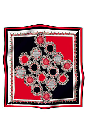 %100 Twill Türk Motifi  Desenli Siyah - Kırmızı Renkli 90x90 Eşarp Dikim Şekli: El Dikişi