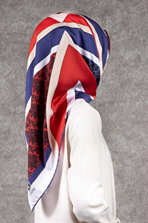 Twill Geometrik Barok Desenli Kırmızı - Lacivert  Renkli 90x90 Eşarp (İpek İçermez) Kenar Dikiş Şekli El Dikişli