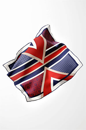 Twill Geometrik Barok Desenli Kırmızı - Lacivert  Renkli 90x90 Eşarp (İpek İçermez) Kenar Dikiş Şekli El Dikişli