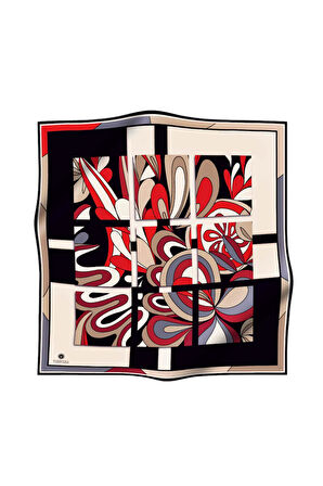 100% Twill İpek Geometrik Desenli Bej - Kırmızı Renkli 90x90 Dikim Şekli : El Dikişi Eşarp