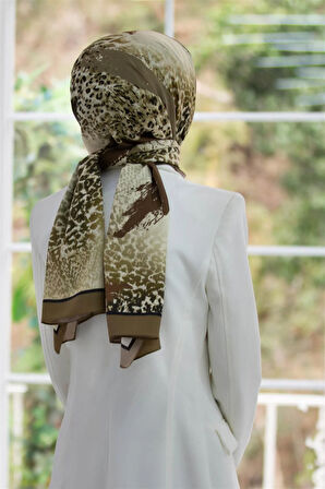 LÜKS MEDİNE İPEĞİ RENKLİ FIRÇA VE LEOPAR DESENLİ VİZON RENKLİ 75X195 KIRIŞMAZ ŞAL MOSS KREP DİKİŞ TİPİ İTALYAN DİKİŞLİ