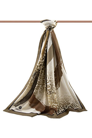 LÜKS MEDİNE İPEĞİ RENKLİ FIRÇA VE LEOPAR DESENLİ VİZON RENKLİ 75X195 KIRIŞMAZ ŞAL MOSS KREP DİKİŞ TİPİ İTALYAN DİKİŞLİ