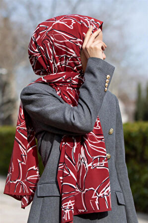 LÜKS MEDİNE İPEĞİ YAPRAK DESENLİ BORDO RENKLİ 75X195 KIRIŞMAZ ŞAL MOSS KREP DİKİŞ TİPİ İTALYAN DİKİŞLİ