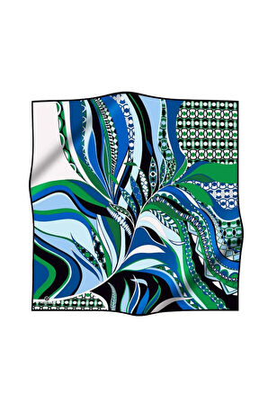 100% Twill Etnik Yaprak Desenli Saks Renkli 90x90 Dikim Şekli : El Dikişi Eşarp