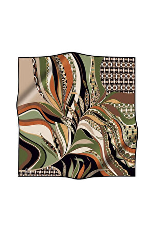 100% Twill Etnik Yaprak Desenli Haki Renkli 90x90 Dikim Şekli : El Dikişi Eşarp
