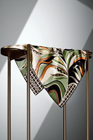 100% Twill Etnik Yaprak Desenli Haki Renkli 90x90 Dikim Şekli : El Dikişi Eşarp