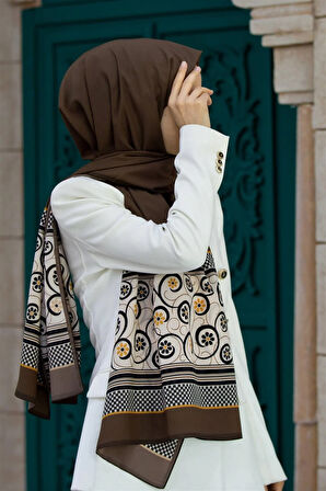 LÜKS MEDİNE İPEĞİ KENAR MOTİFİ ÇİÇEK DESENLİ VİZON RENKLİ 75X195 KIRIŞMAZ ŞAL MOSS KREP DİKİŞ TİPİ İTALYAN DİKİŞLİ