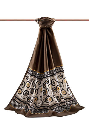 LÜKS MEDİNE İPEĞİ KENAR MOTİFİ ÇİÇEK DESENLİ VİZON RENKLİ 75X195 KIRIŞMAZ ŞAL MOSS KREP DİKİŞ TİPİ İTALYAN DİKİŞLİ