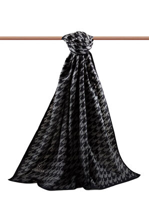 LÜKS MEDİNE İPEĞİ KAZAYAĞI DESENLİ GÜMÜŞ RENKLİ 75X195 KIRIŞMAZ ŞAL MOSS KREP DİKİŞ TİPİ İTALYAN DİKİŞLİ