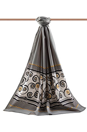 LÜKS MEDİNE İPEĞİ KENAR MOTİFİ ÇİÇEK DESENLİ GÜMÜŞ RENKLİ 75X195 KIRIŞMAZ ŞAL MOSS KREP DİKİŞ TİPİ İTALYAN DİKİŞLİ