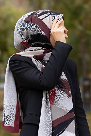 LÜKS MEDİNE İPEĞİ LEOPAR DESENLİ KREM - BORDO RENKLİ 75X195 KIRIŞMAZ ŞAL MOSS KREP DİKİŞ TİPİ İTALYAN DİKİŞLİ